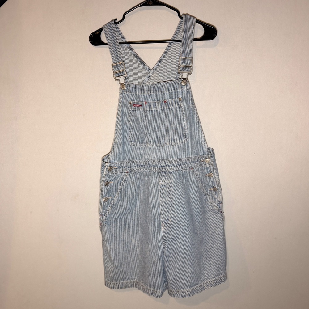 Vtg 90s Gap Overalls Womens Medium Blue Hickory Stripe Carpenter Shorts Romper